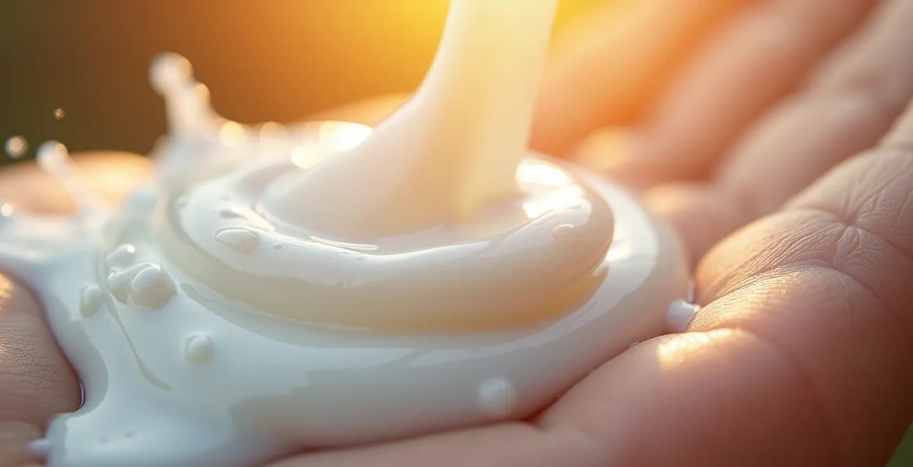Détail en gros plan d'une texture de lait de chèvre étalée sur peau sensible, lumière douce révélant les microtextures et la douceur