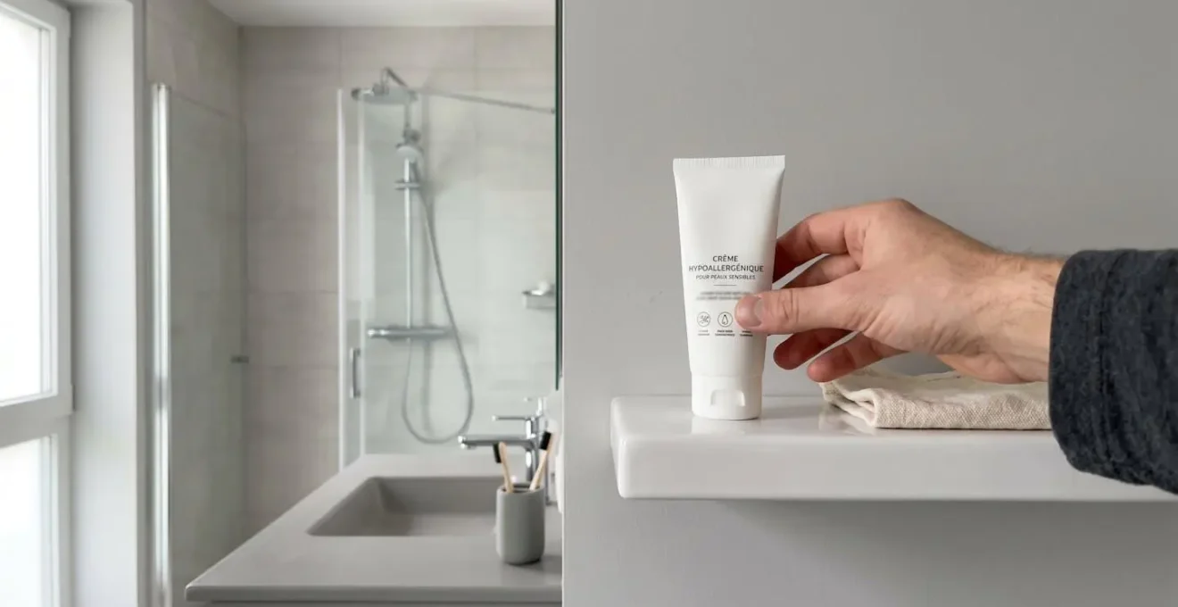 Main d'une personne approchant un tube de crème hypoallergénique blanc posé sur une étagère de salle de bain contemporaine, éclairage naturel