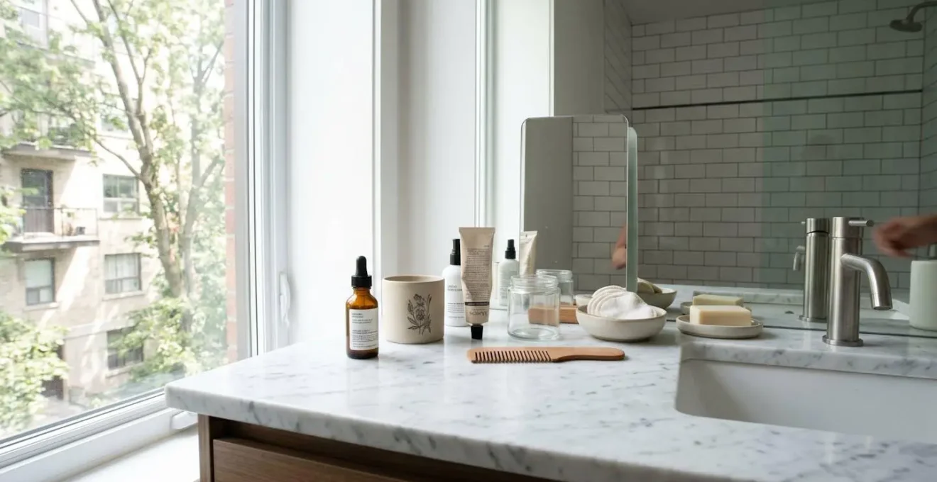 Comptoir de salle de bain moderne en marbre blanc avec plusieurs produits cosmétiques de soin disposés, éclairage naturel par fenêtre