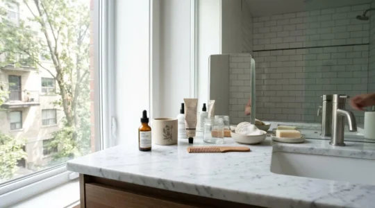 Comptoir de salle de bain moderne en marbre blanc avec plusieurs produits cosmétiques de soin disposés, éclairage naturel par fenêtre